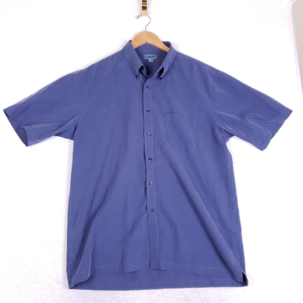 MOST‎ Button Down Shirt Mens Large Short Sleeve Textured Grid Modal Blend Blue